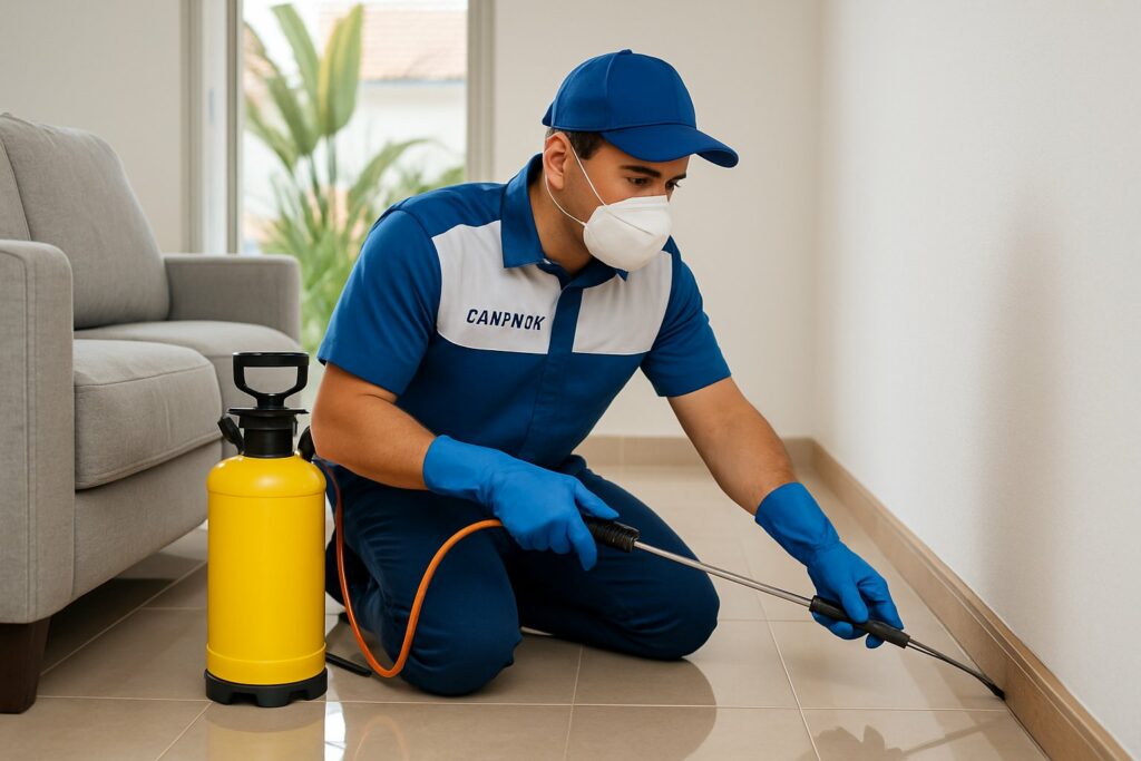 Técnico em controle de pragas aplicando tratamento contra cupins em uma sala de estar moderna e bem iluminada.